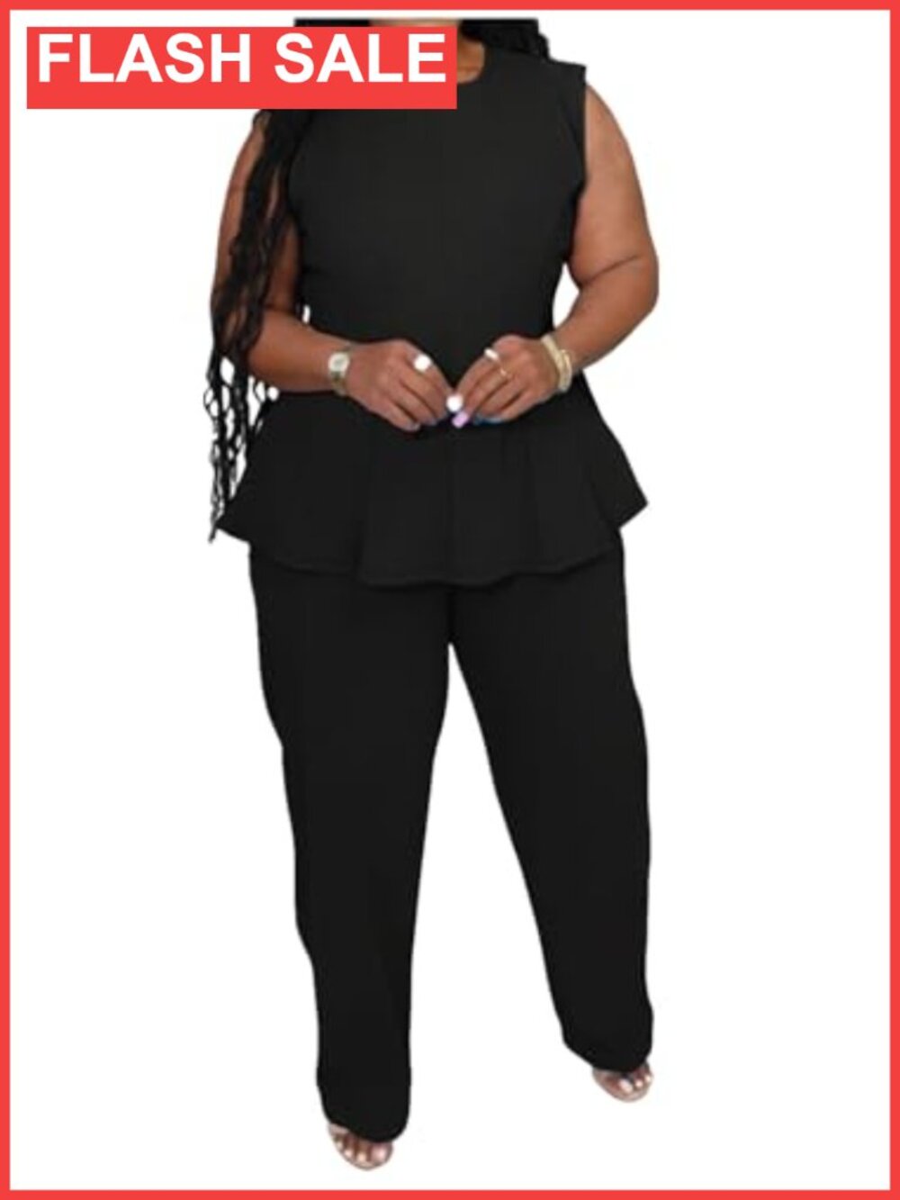 Plus Size 2 Piece Sleeveless Peplum Top Wide Leg Pant Set Summer